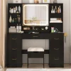 ChVans 47in Vanity Desk Set With LED Lighted Mirror, 7 Drawers, 6 Shelves, Cushioned Storage Stool - Black