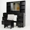 ChVans 47in Vanity Desk Set With LED Lighted Mirror, 7 Drawers, 6 Shelves, Cushioned Storage Stool - Black