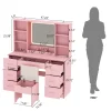 ChVans 47in Vanity Desk Set With LED Lighted Mirror, 7 Drawers, 6 Shelves, Cushioned Storage Stool - Black