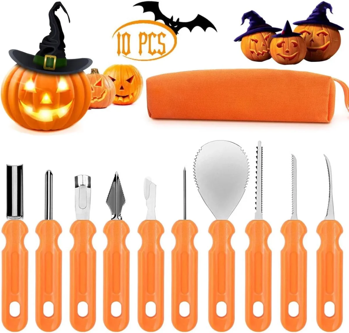 Clackibukvyz Pumpkin Carving Kit, Halloween Professional Pumpkin Cutting Supplies Tools with Carrying Bag, 10 Pcs