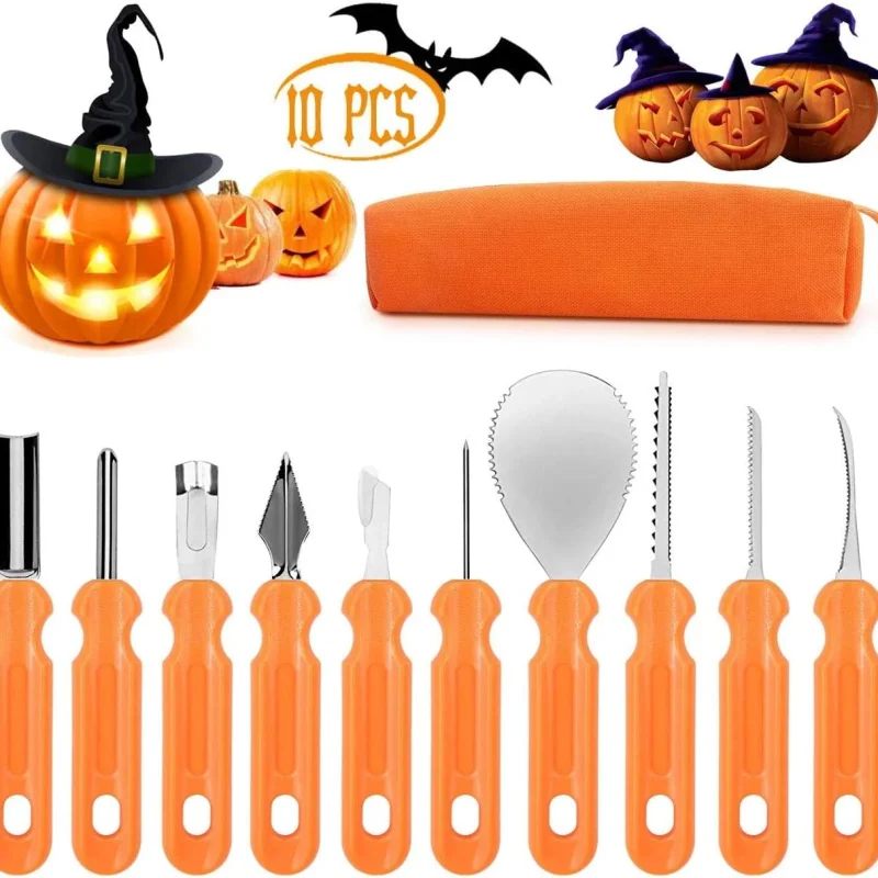Clackibukvyz Pumpkin Carving Kit, Halloween Professional Pumpkin Cutting Supplies Tools with Carrying Bag, 10 Pcs