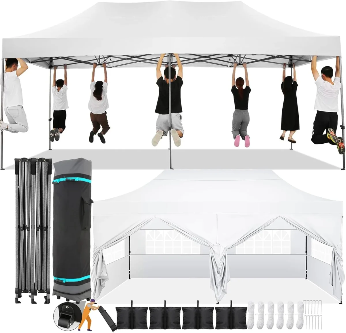 COBIZI Pop-Up Canopy 10 x 20 ft, White, 6 Sidewalls