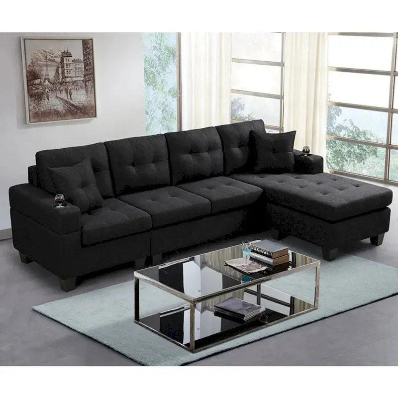 Contemporary L-Shaped Sectional Sofa With Cup Holders, Storage Chaise, Grey Or Black