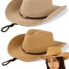 COOPLUS Straw Cowboy Hat for Women Western Cowgirl Adjustable Chin Strap Hats for Summer