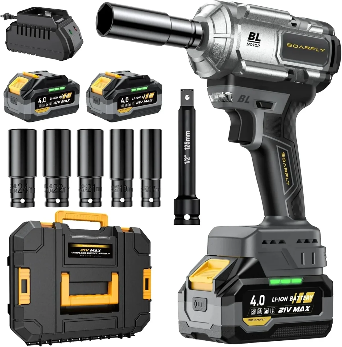 Cordless 1/2 Inch Impact Wrench, 1200Nm, 21V Brushless With 2 4.0Ah Batteries And 5 Sockets