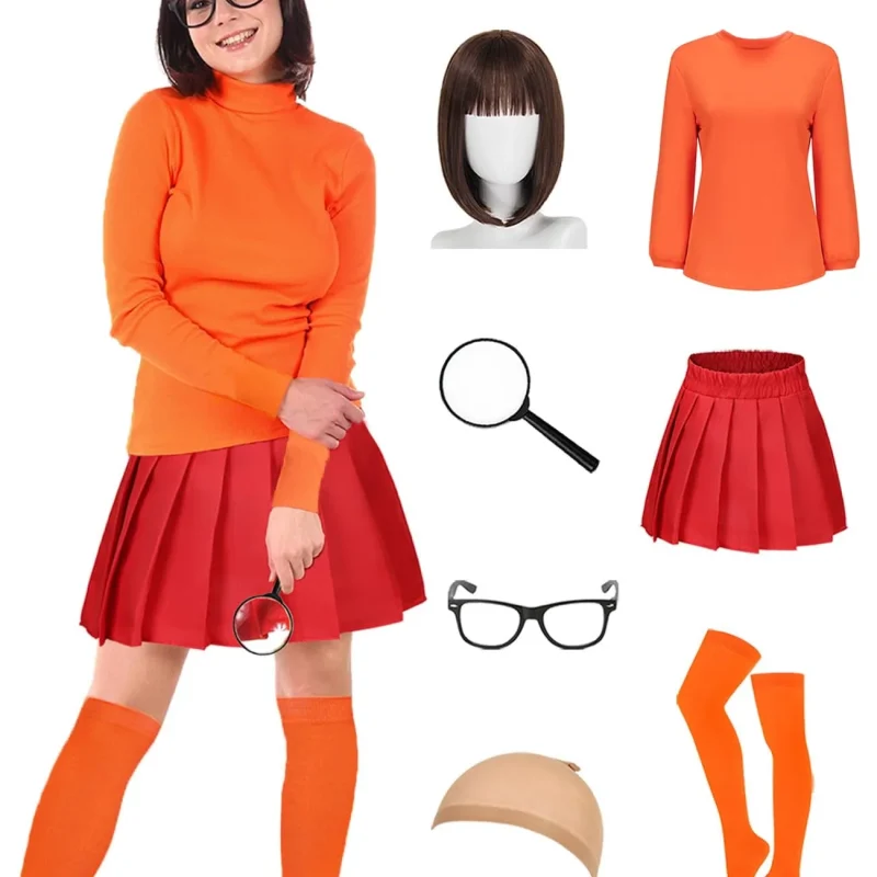Couples Halloween Costumes for Women Velma Cosplay Outfit Orange Velma Costume with Mini Skater Skirt