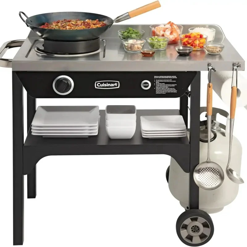Cuisinart Outdoor Wok Station With Prep Table, 50,000 BTU, 14 inch Carbon Steel Wok - Black