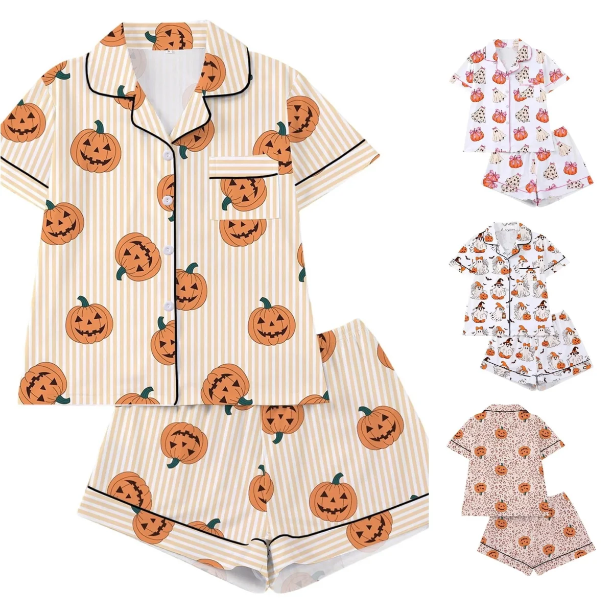 CUZIBR Girls Halloween Pajamas Sets Soft Comfortable Ghost Pumpkin Lapel Button Short Sleeve Shirt Elastic Waist Shorts