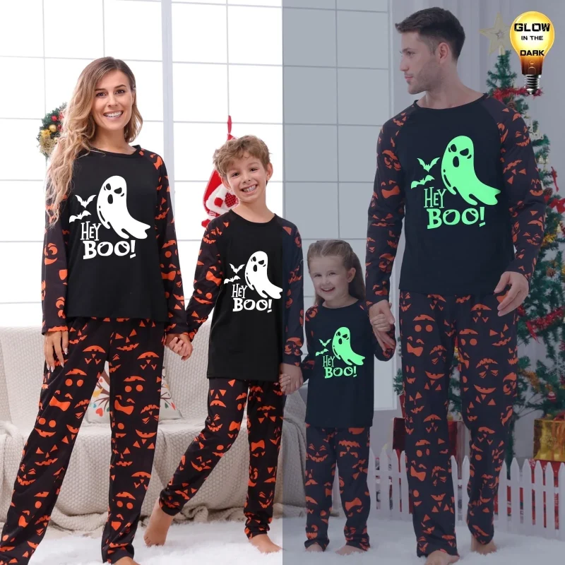 DAKIMOE Halloween Pajamas Family Matching Glow In The Dark Halloween Print Long Sleeve PJs Set Outfits 2 Pieces Cotton L