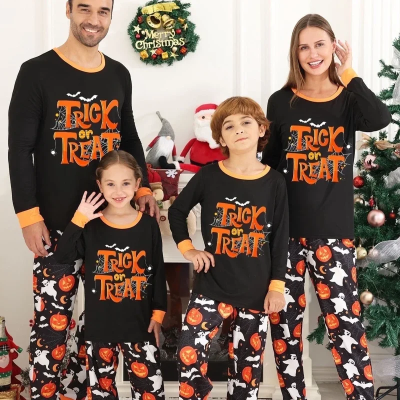 DAKIMOE Halloween Pajamas Family Matching Set Holiday Print Long Sleeve Jammies Loungewear PJs Set Sleepwear Adult Kids