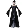 Dark Mage Hooded Robe for Women Halloween Witch Costume with Flared Sleeves & Fitted Bodice