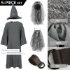 Deluxe 5 Pcs Wizard Costume for Adults Grey Wizard Robe with Wizards Hat, Belt, Wig & Beard Halloween Costumes For Men