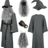 Deluxe 5 Pcs Wizard Costume for Adults Grey Wizard Robe with Wizards Hat, Belt, Wig & Beard Halloween Costumes For Men