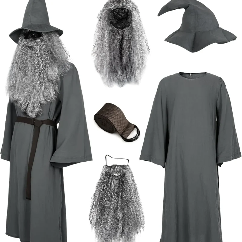 Deluxe 5 Pcs Wizard Costume for Adults Grey Wizard Robe with Wizards Hat, Belt, Wig & Beard Halloween Costumes For Men