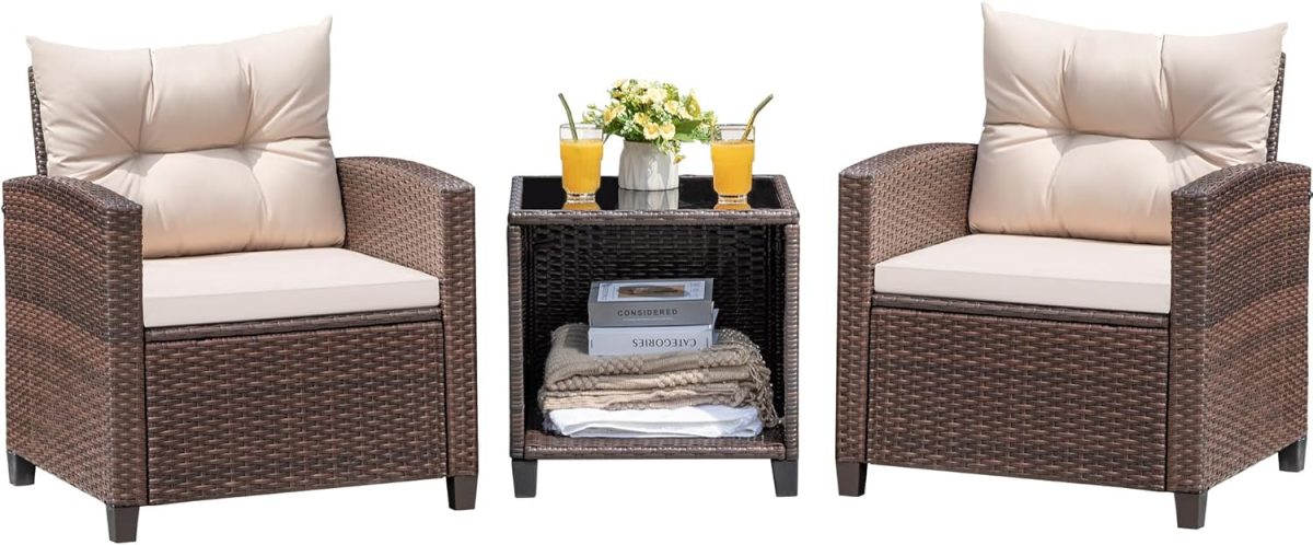 Devoko 3-Piece PE Rattan Patio Furniture Set With 2 Outdoor Chairs And Table, Brown - 26.8 x 25.2 x 29.5 inches