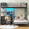 DICTAC Twin XL Over Twin Metal Bunk Bed With L-Shaped Desk, 5 Drawers, 2 Shelves, LED Lights And Charging Station - Blac