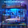DICTAC Twin XL Over Twin Metal Bunk Bed With L-Shaped Desk, 5 Drawers, 2 Shelves, LED Lights And Charging Station - Blac