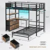 DICTAC Twin XL Over Twin Metal Bunk Bed With L-Shaped Desk, 5 Drawers, 2 Shelves, LED Lights And Charging Station - Blac
