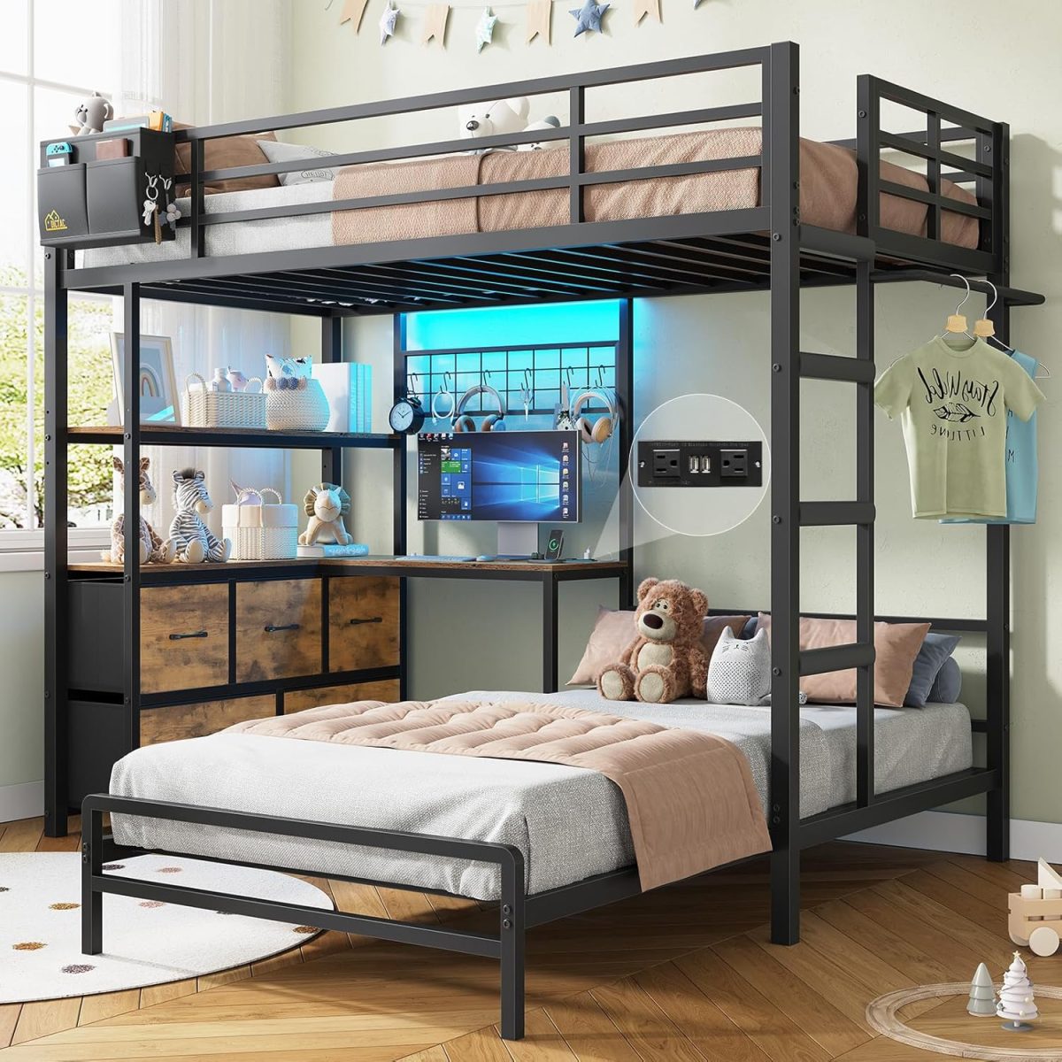 DICTAC Twin XL Over Twin Metal Bunk Bed With L-Shaped Desk, 5 Drawers, 2 Shelves, LED Lights And Charging Station - Blac