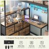 DICTAC Twin XL Over Twin Metal Bunk Bed With L-Shaped Desk, 5 Drawers, 2 Shelves, LED Lights And Charging Station - Blac