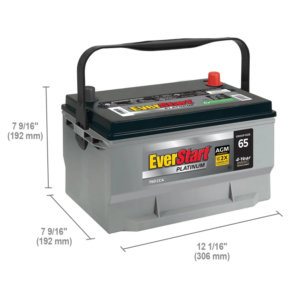 EverStart Platinum AGM Automotive Battery, Group Size 65, 12 Volt, 750 CCA