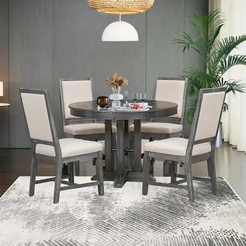 Farmhouse Extendable Round Dining Table Set With 4 Upholstered Chairs - 5-Piece