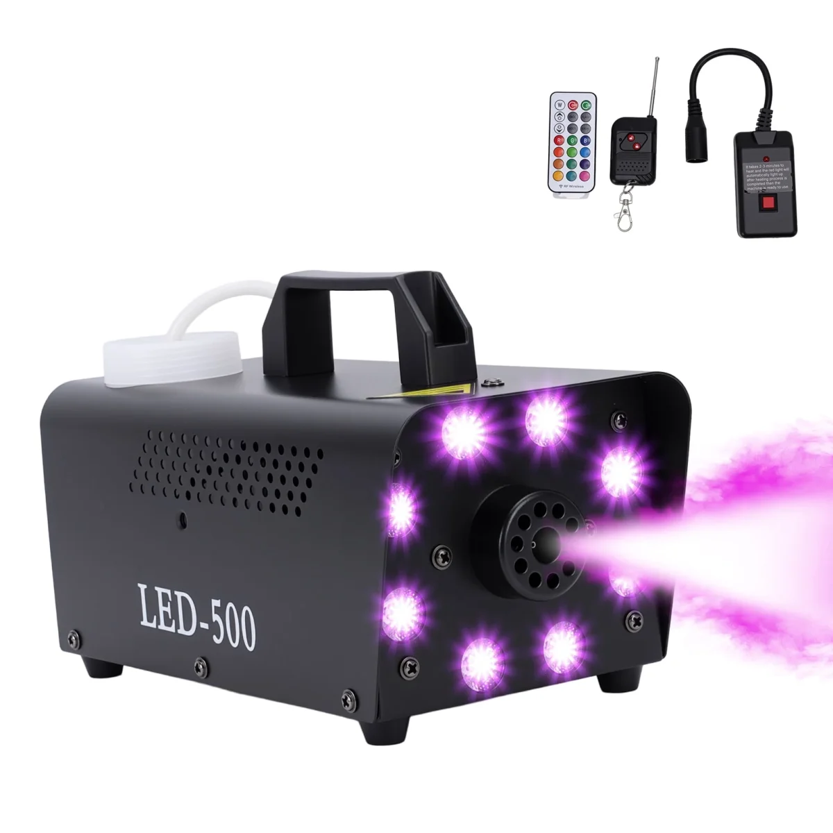 Fog Machine with 13 Colorful LED Lights Effect, 500W Smoke Machine with 1 Wired Receiver and Wireless Remote Controls, A