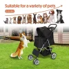 Foldable Cat/Dog Pet Stroller With 4 Wheel, Storage Basket, Cup Holder - Black