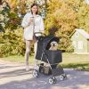 Foldable Cat/Dog Pet Stroller With 4 Wheel, Storage Basket, Cup Holder - Black
