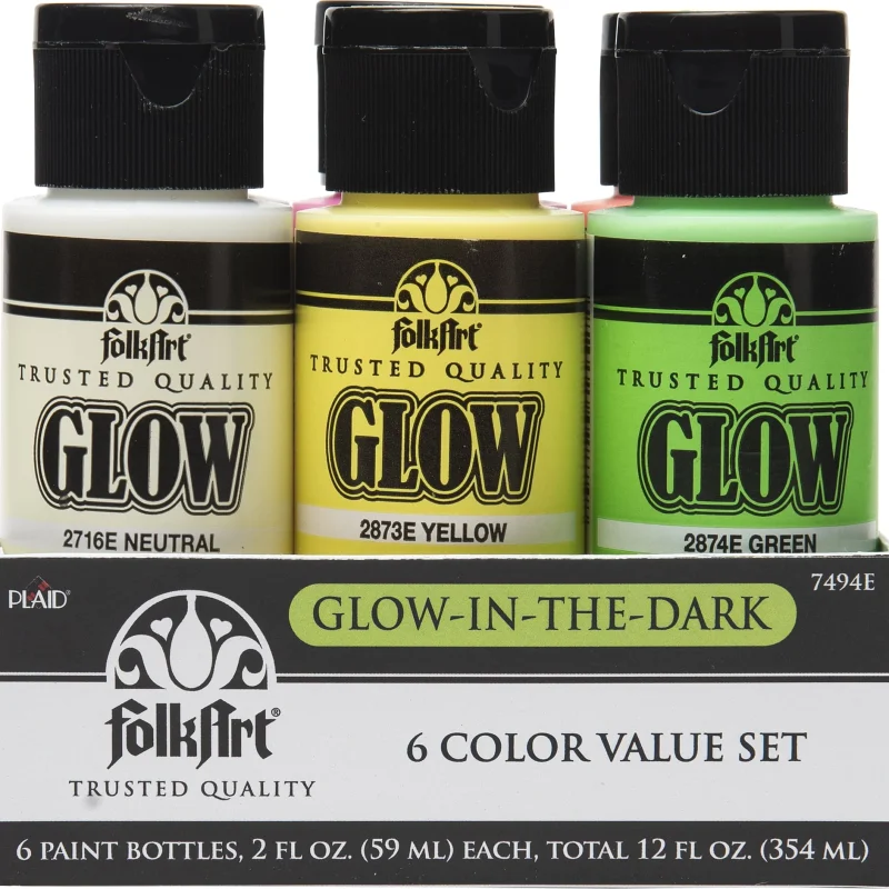 FolkArt 7494E Glow-in-the-Dark Acrylic Paint Set, Matte Finish, Set of 6, 12 fl oz