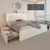 Full Upholstered Platform Bed Frame With 4 Storage Drawers, LED Lights, Adjustable Headboard And Charging Station - Whit