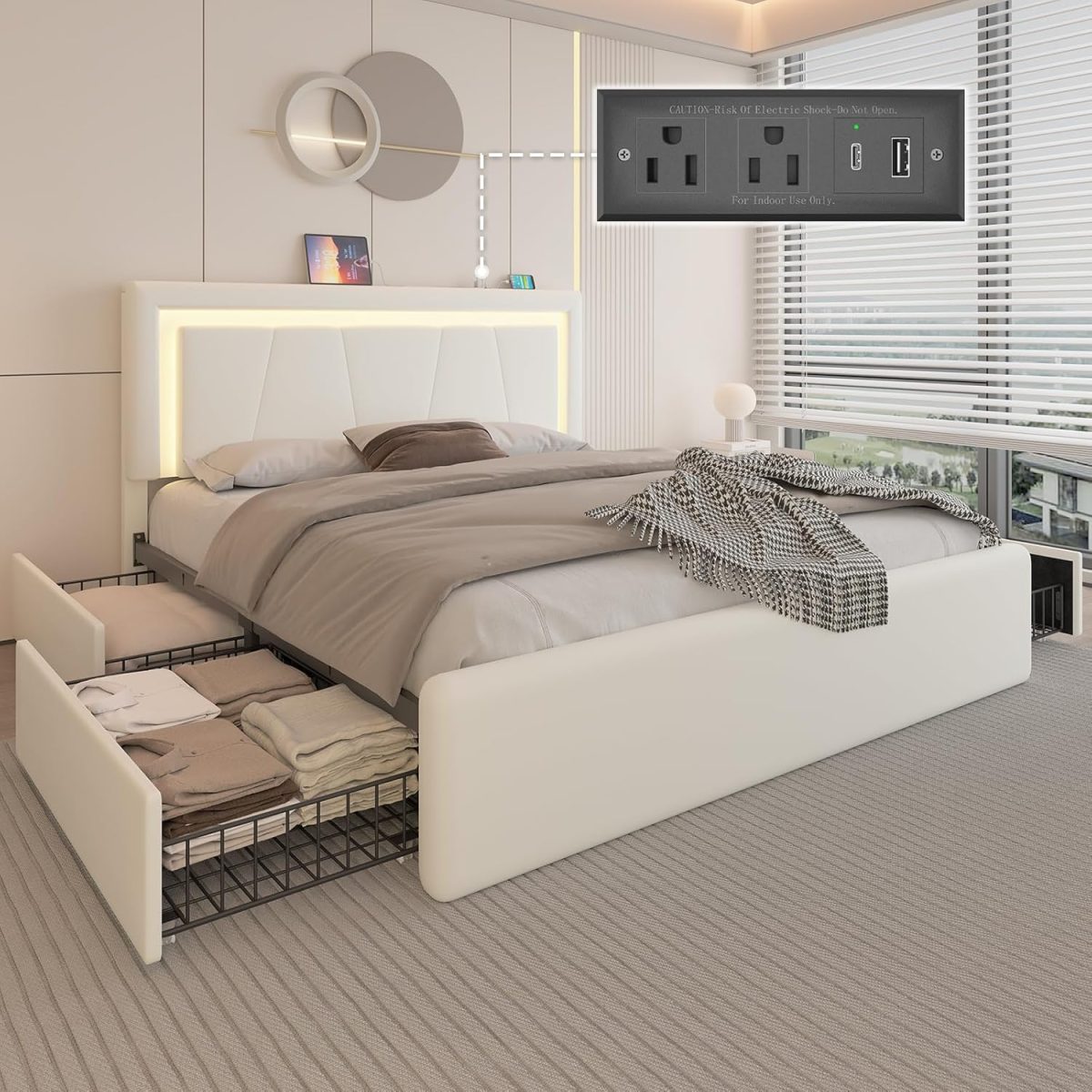 Full Upholstered Platform Bed Frame With 4 Storage Drawers, LED Lights, Adjustable Headboard And Charging Station - Whit