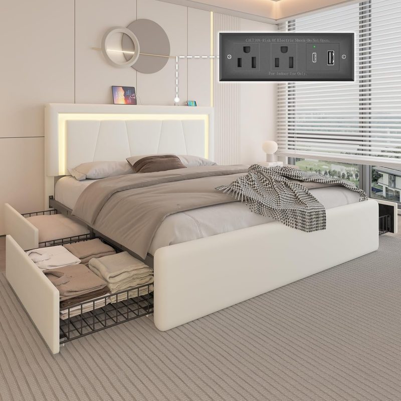 Full Upholstered Platform Bed Frame With 4 Storage Drawers, LED Lights, Adjustable Headboard And Charging Station - Whit