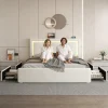 Full Upholstered Platform Bed Frame With 4 Storage Drawers, LED Lights, Adjustable Headboard And Charging Station - Whit