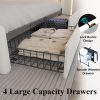 Full Upholstered Platform Bed Frame With 4 Storage Drawers, LED Lights, Adjustable Headboard And Charging Station - Whit