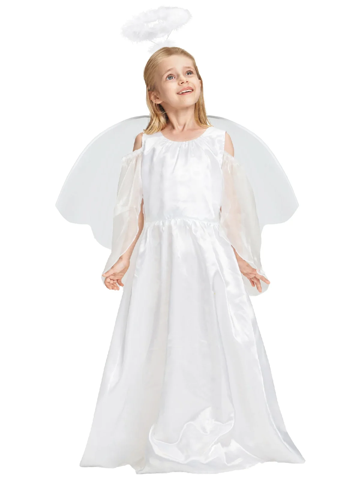 Girls Angel Costume, 3 Pcs Dress Halo Wings White Fancy Dress Up for Nativity Halloween Christmas 3-4 Years