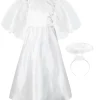 Girls Angel Costume, 3 Pcs Dress Halo Wings White Fancy Dress Up for Nativity Halloween Christmas 3-4 Years
