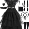 Girls Halloween Costume Fancy Dress with Wig Black for Kids Carnival Party 7-8 Years