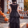 Girls Halloween Costume Fancy Dress with Wig Black for Kids Carnival Party 7-8 Years