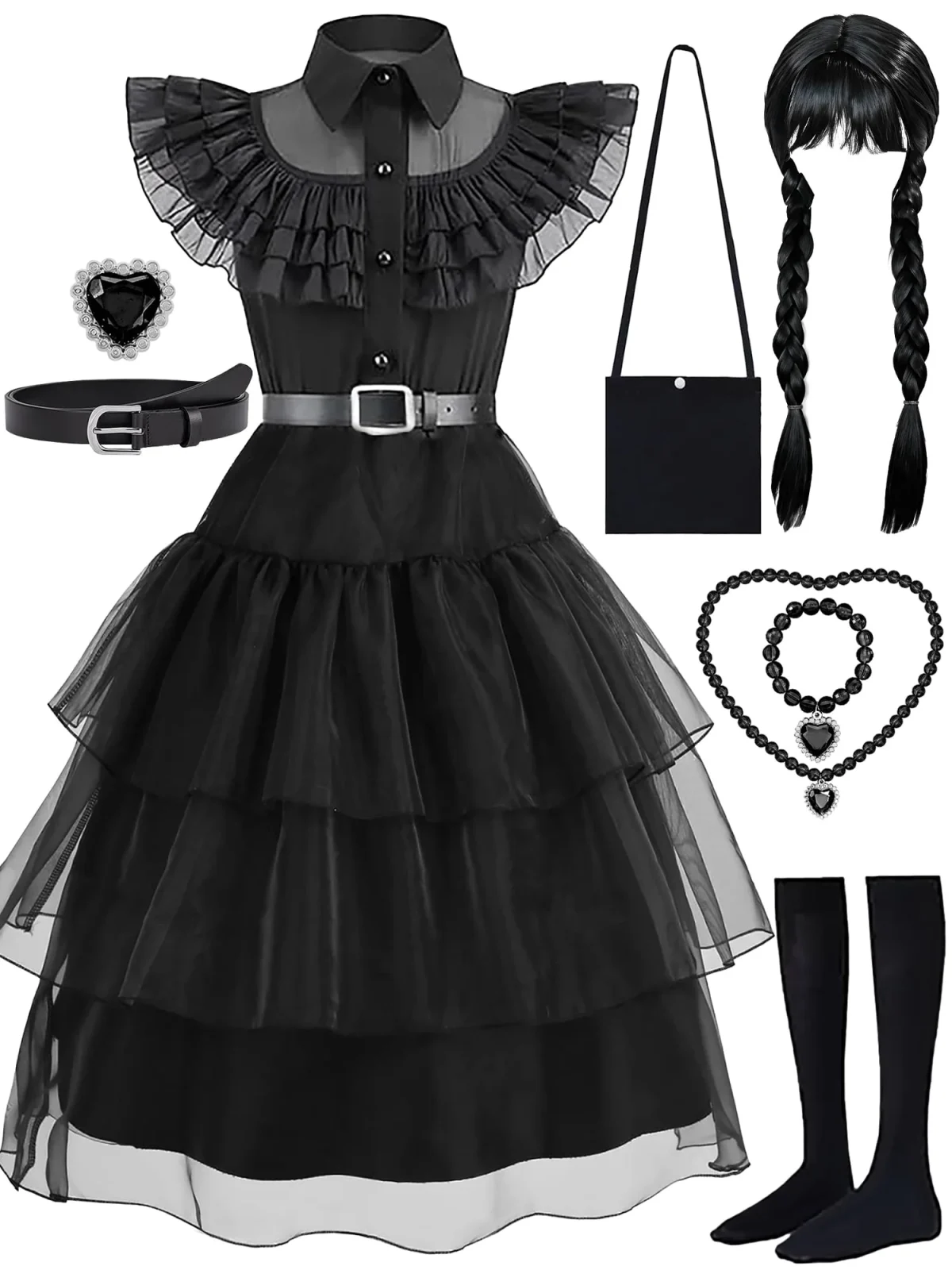 Girls Halloween Costume Fancy Dress with Wig Black for Kids Carnival Party 7-8 Years