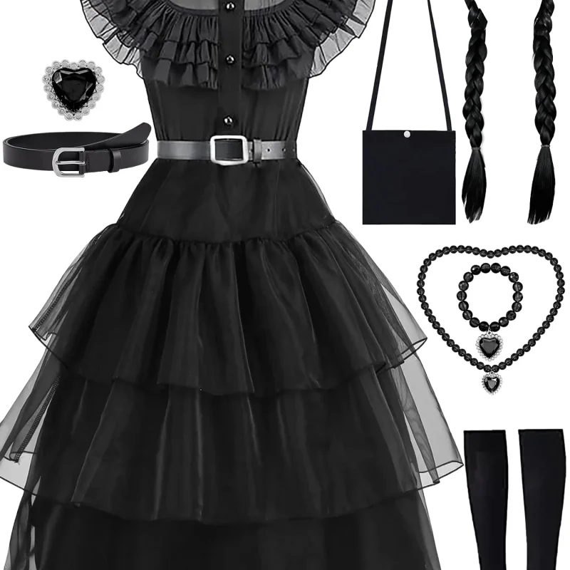 Girls Halloween Costume Fancy Dress with Wig Black for Kids Carnival Party 7-8 Years