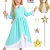 G*irls Halloween Princess Dress with Accessories, Blue Princess Dress with Wig Wand Crown Earrings and Star Earrings