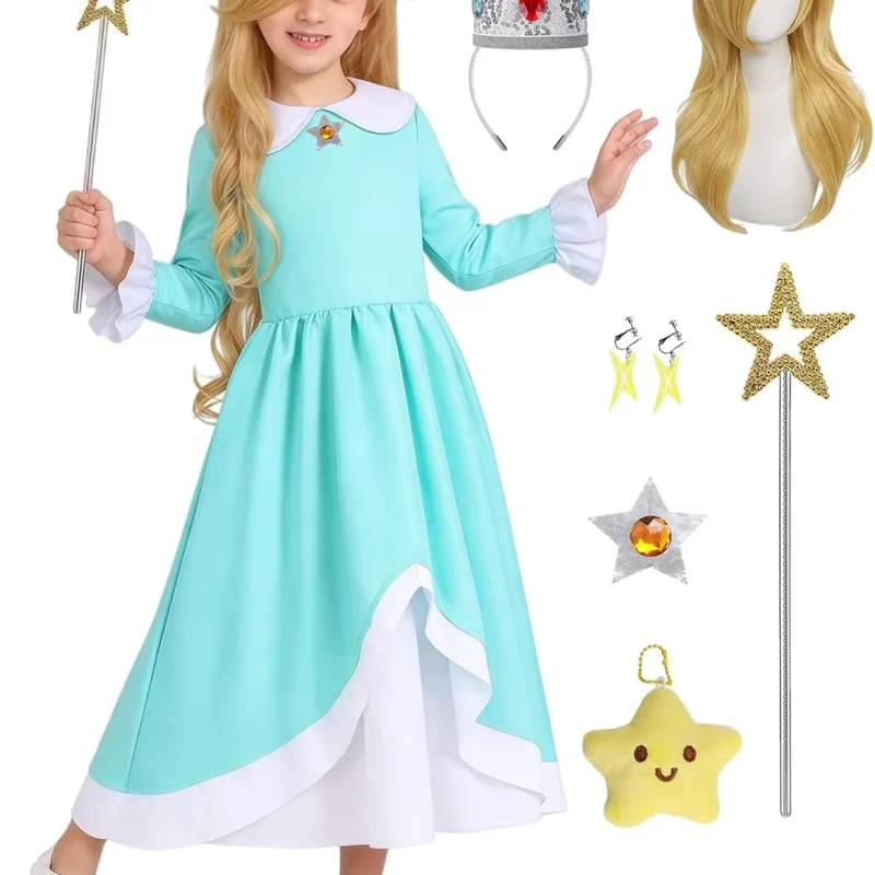 G*irls Halloween Princess Dress with Accessories, Blue Princess Dress with Wig Wand Crown Earrings and Star Earrings