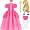 G*irls Halloween Princess Dress with Accessories, Blue Princess Dress with Wig Wand Crown Earrings and Star Earrings