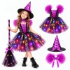 G`irls Purple Themed Dress Set, Kids Halloween Outfit with Witch Hat, Star Wand and Candy Pouch for Party Dress Up