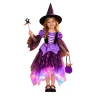 G`irls Purple Themed Dress Set, Kids Halloween Outfit with Witch Hat, Star Wand and Candy Pouch for Party Dress Up
