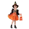 G`irls Purple Themed Dress Set, Kids Halloween Outfit with Witch Hat, Star Wand and Candy Pouch for Party Dress Up
