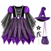 G`irls Purple Themed Dress Set, Kids Halloween Outfit with Witch Hat, Star Wand and Candy Pouch for Party Dress Up