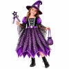 G`irls Purple Themed Dress Set, Kids Halloween Outfit with Witch Hat, Star Wand and Candy Pouch for Party Dress Up