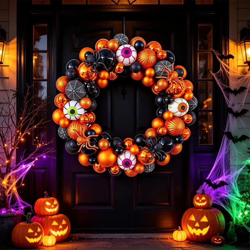 Godance 16 Inch Orange Halloween Spider Ball Wreath for Front Door, Halloween Treat-or-Trick Door Wreath Plastic Ball Or